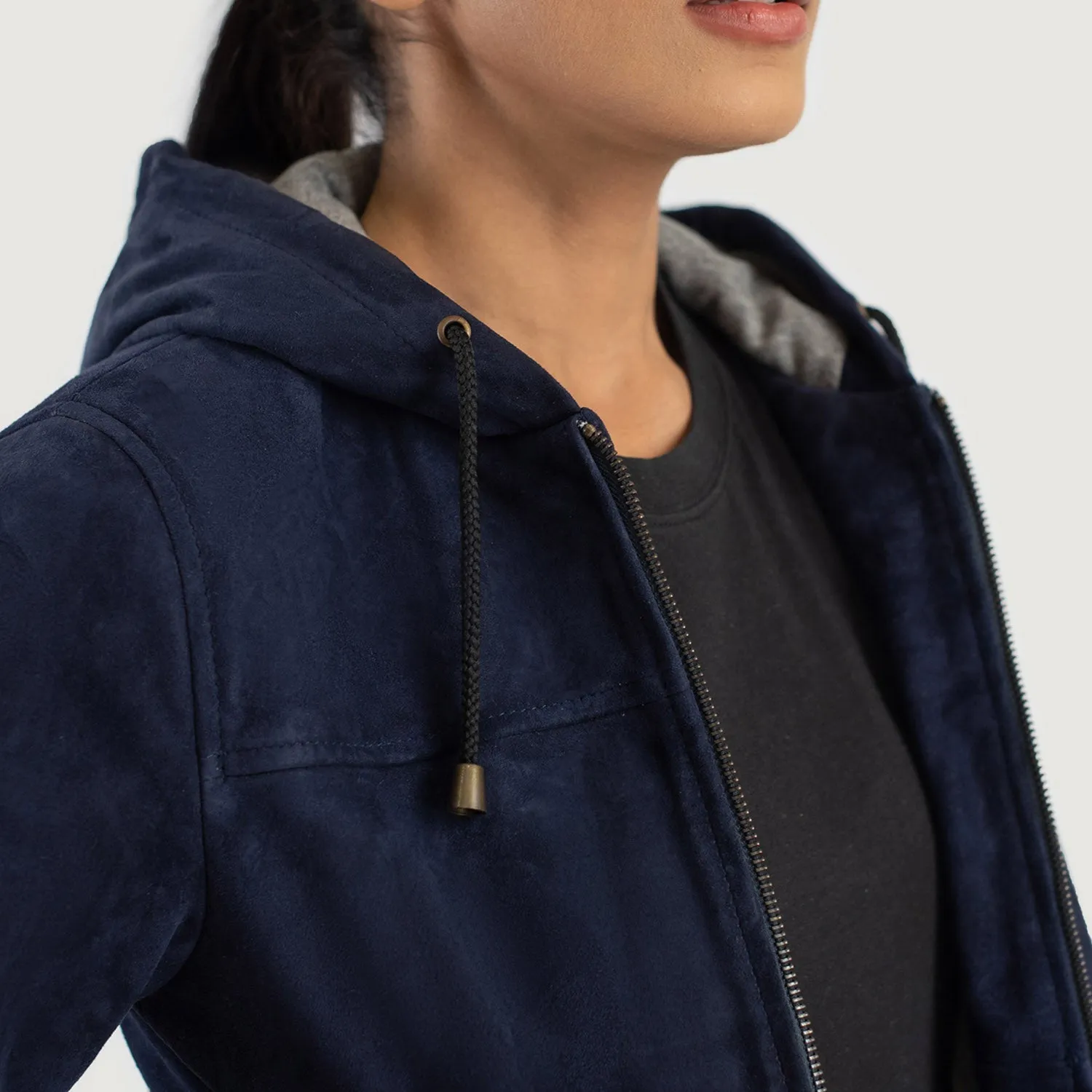 Rebella Blue Hooded Suede Bomber Jacket