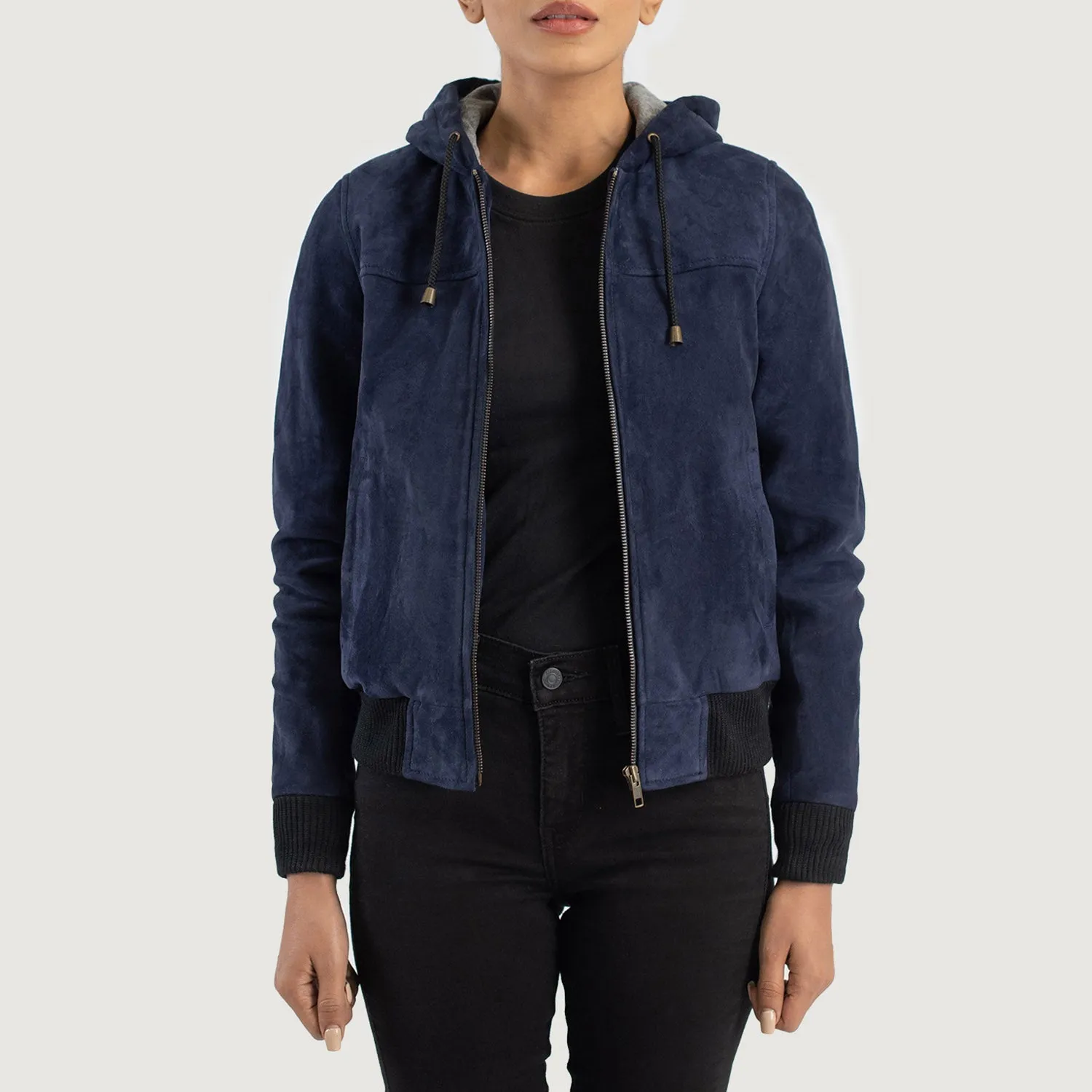 Rebella Blue Hooded Suede Bomber Jacket