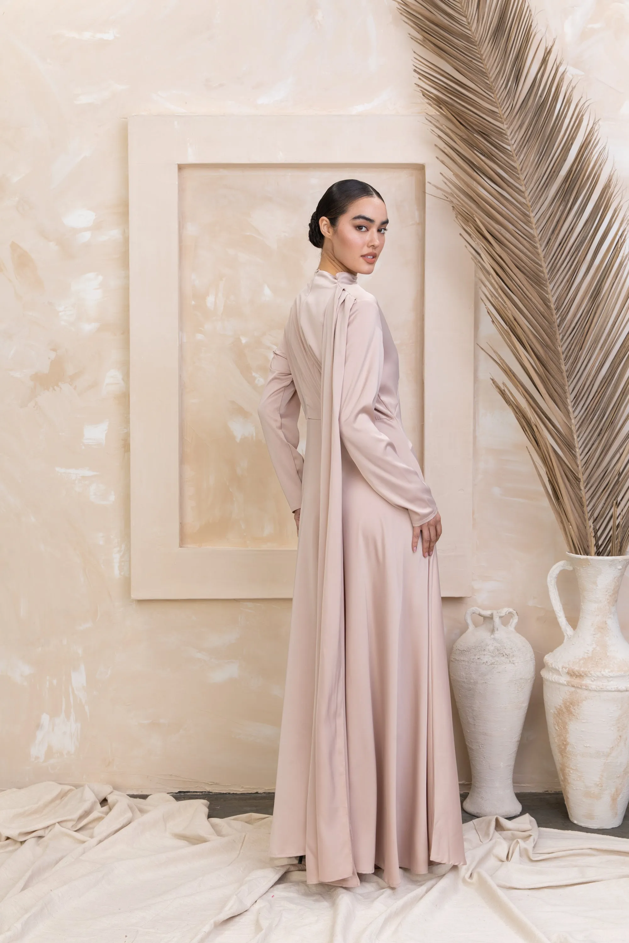 Satin Shoulder Cape Long Sleeve Gown