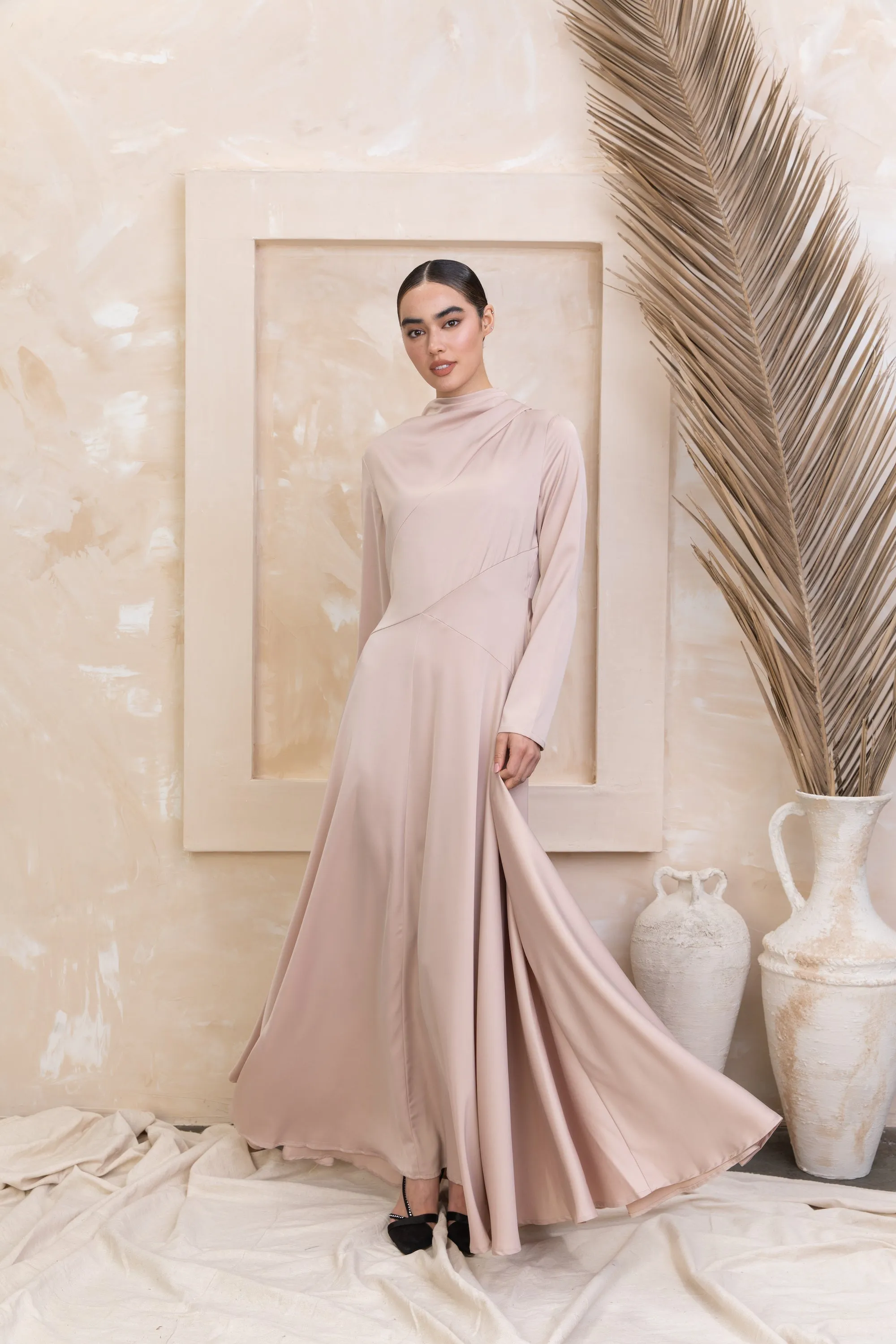 Satin Shoulder Cape Long Sleeve Gown