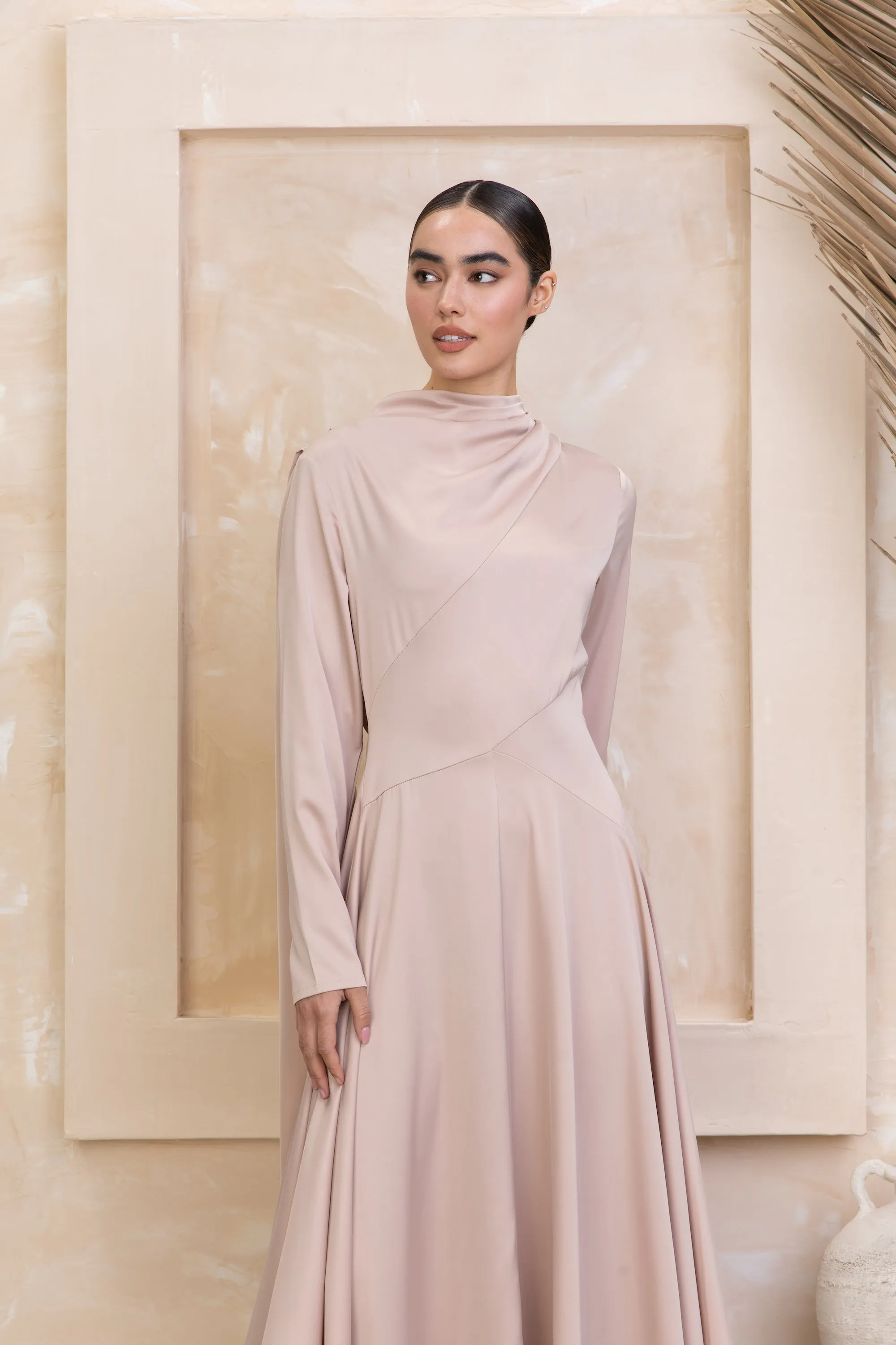 Satin Shoulder Cape Long Sleeve Gown