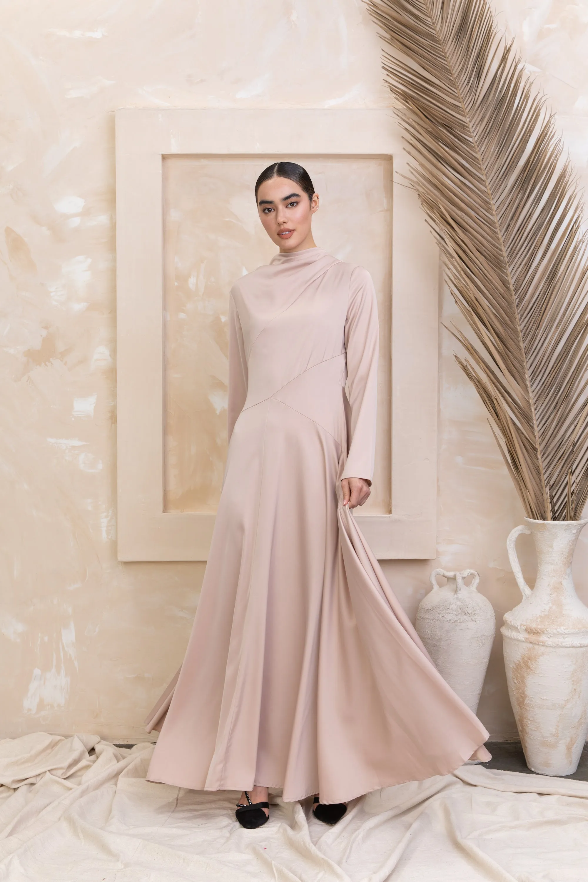 Satin Shoulder Cape Long Sleeve Gown