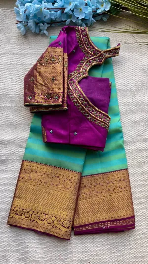 Sea blue and purple kanchipuram silk saree with hand worked blouse