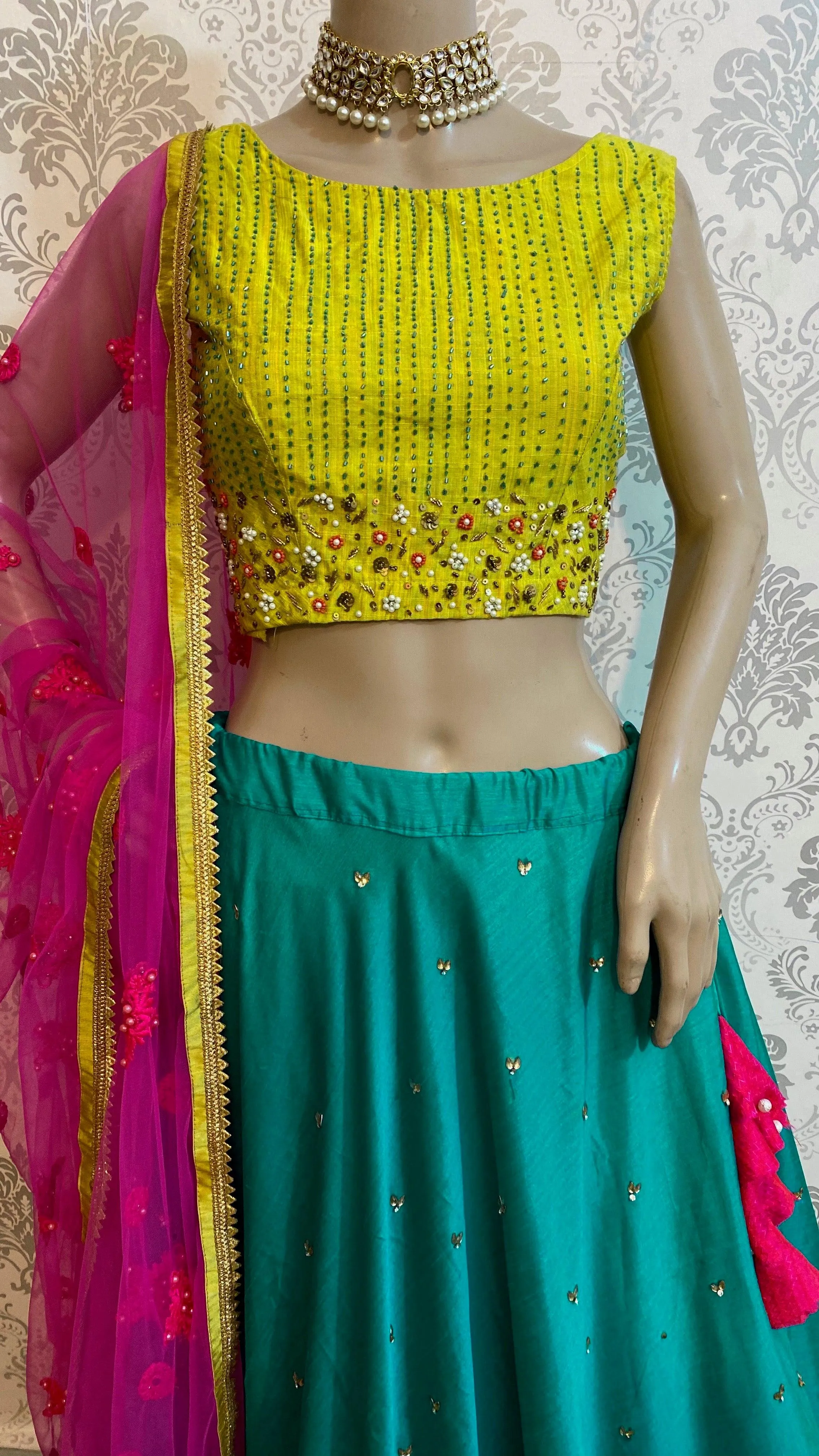 Sea green and lemon yellow silk handworked lehenga set