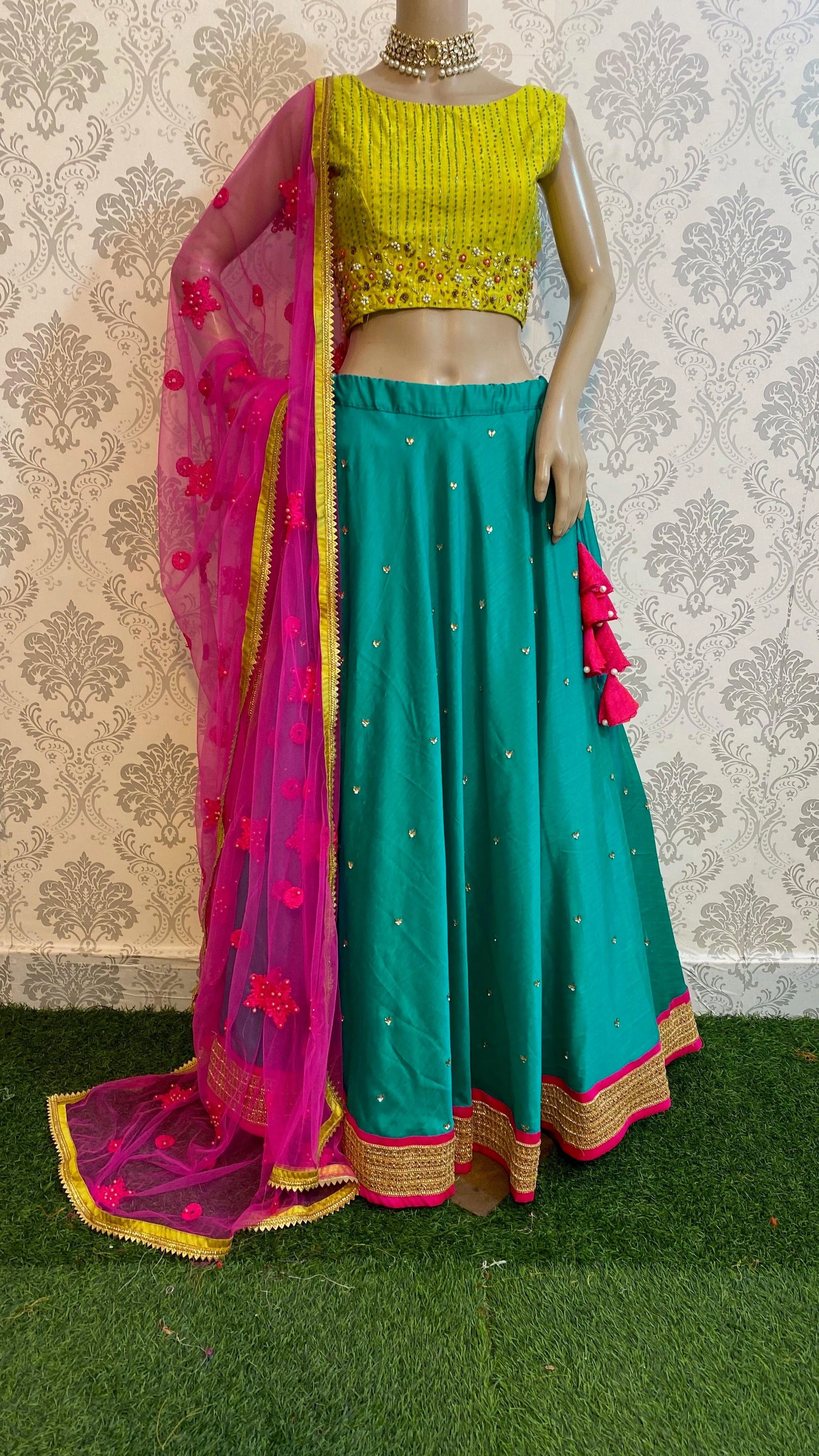 Sea green and lemon yellow silk handworked lehenga set