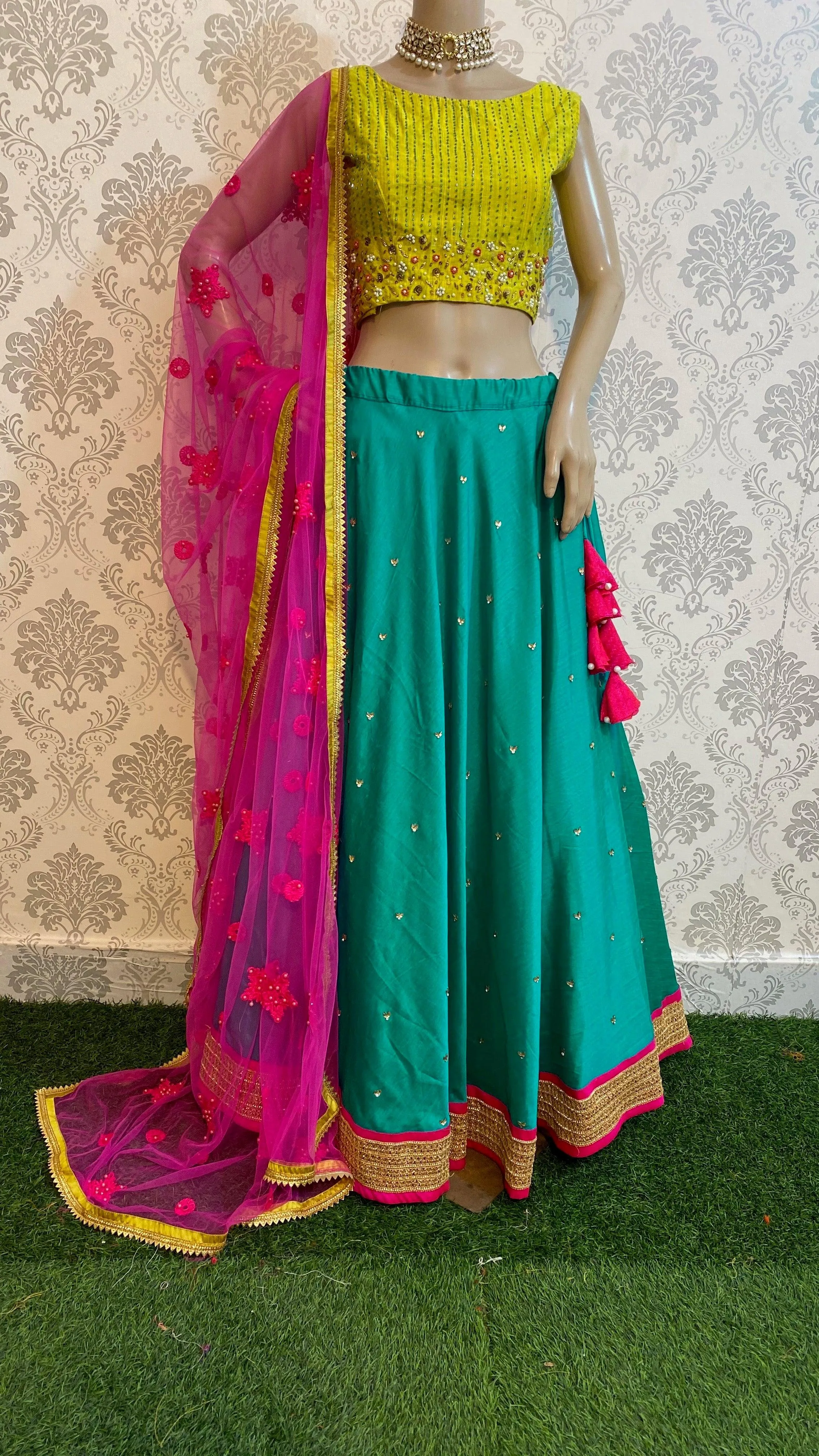 Sea green and lemon yellow silk handworked lehenga set