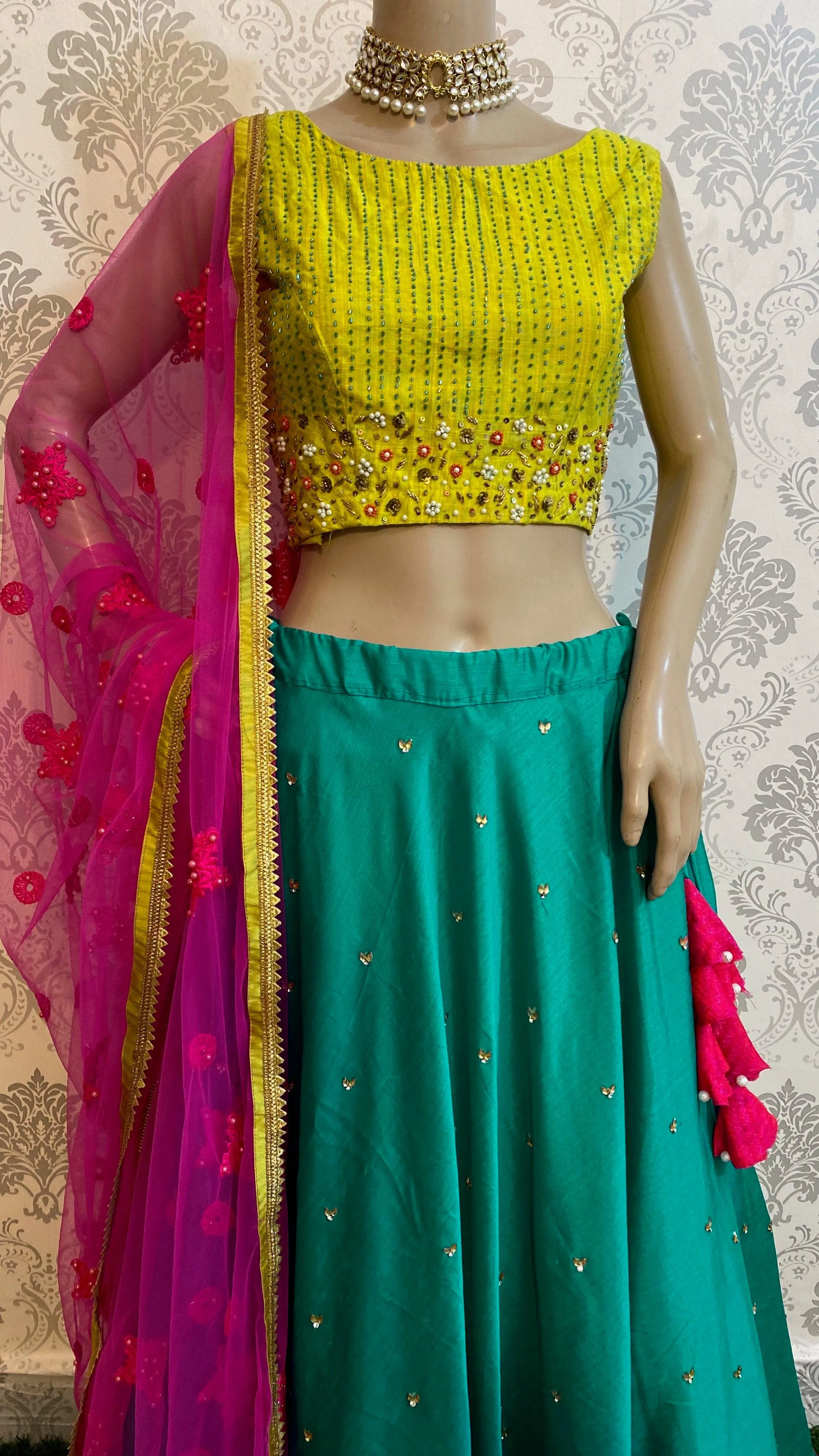 Sea green and lemon yellow silk handworked lehenga set