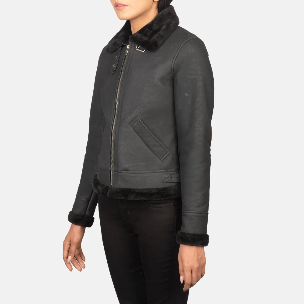 Sherilyn B-3 Distressed Black Leather Bomber Jacket