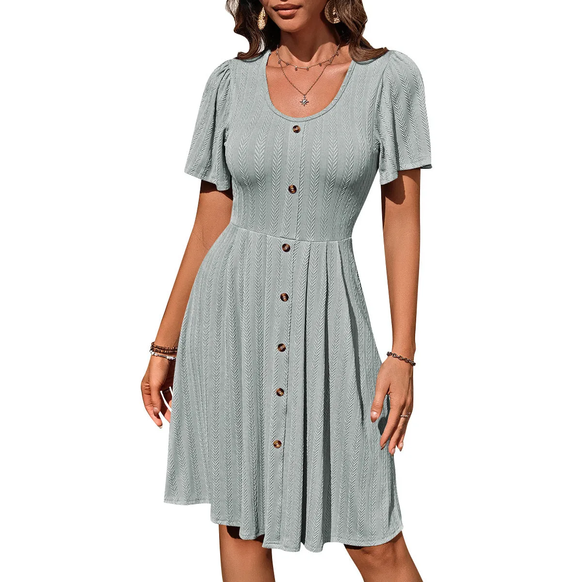 Stylish Summer U-Neck Short-Sleeve Button Dress