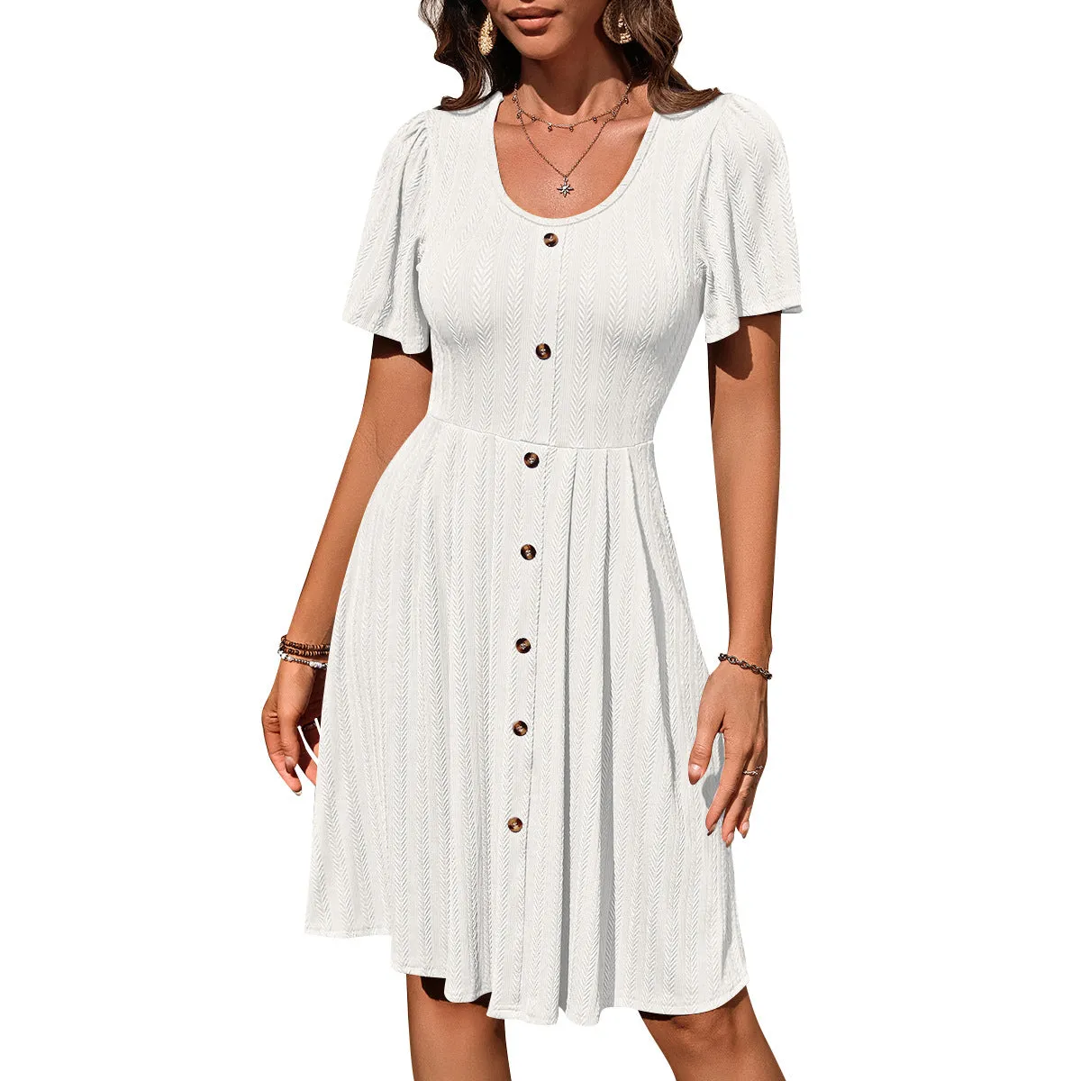 Stylish Summer U-Neck Short-Sleeve Button Dress