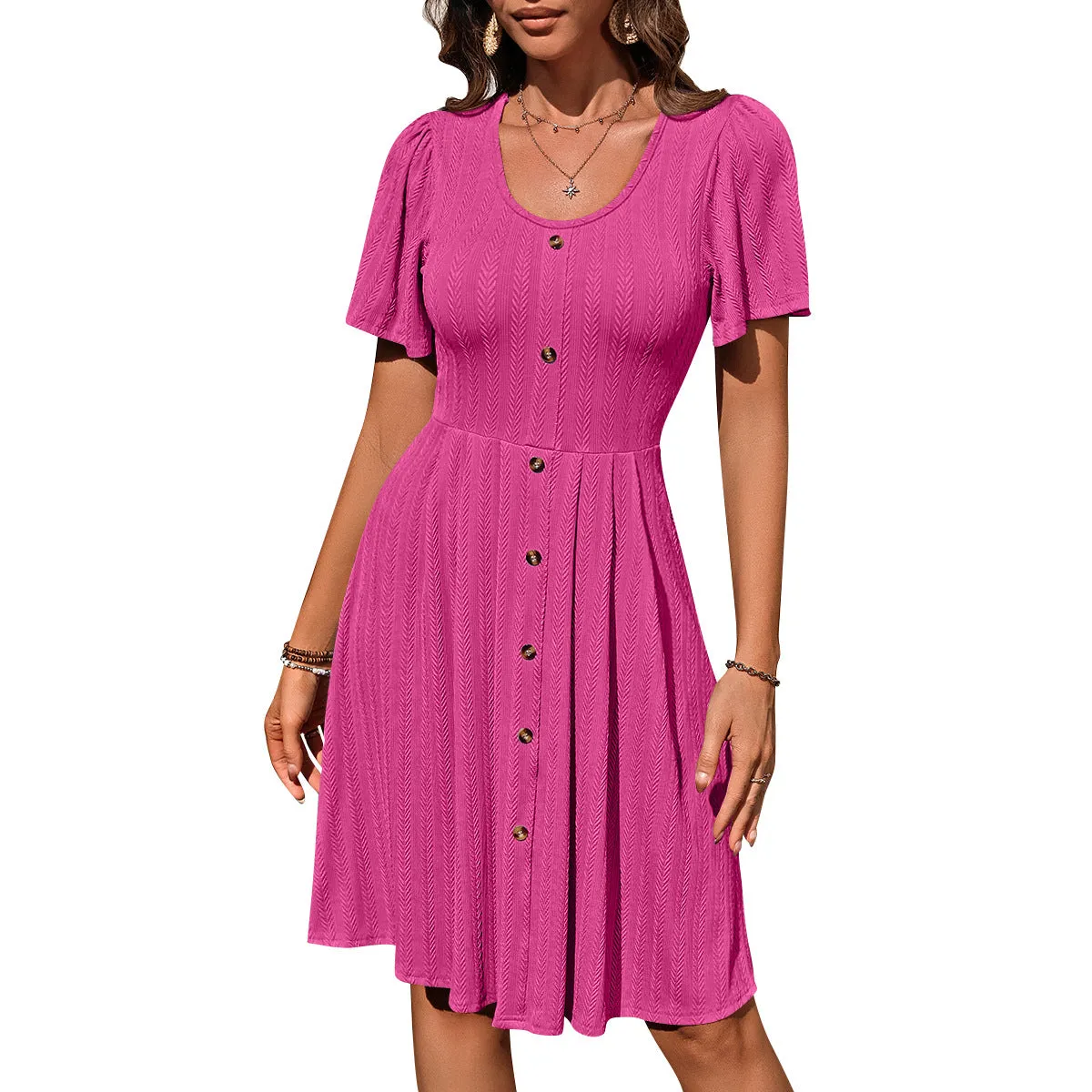 Stylish Summer U-Neck Short-Sleeve Button Dress