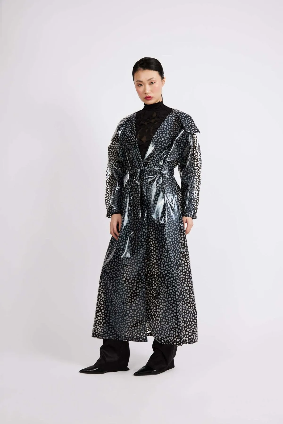 Transparent Polka Dot Vinyl Trench Coat with Hood