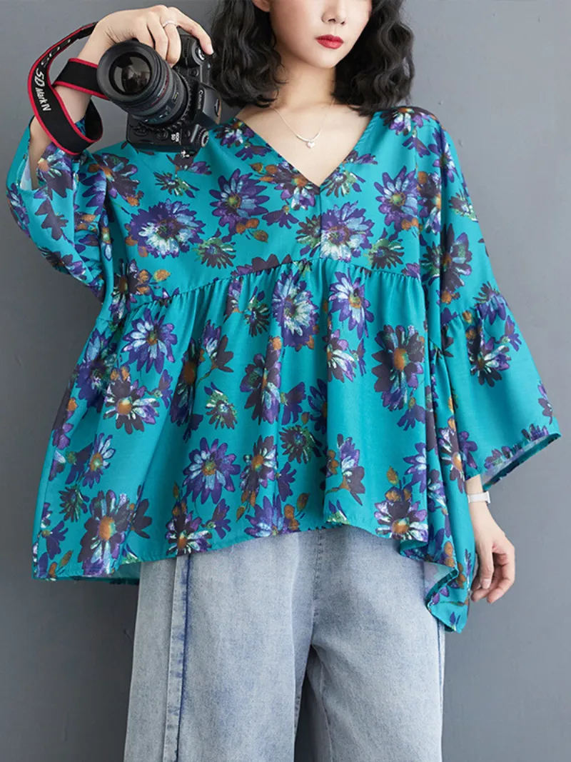 Women's Summer Stylish Printed Babydoll Shirt Top